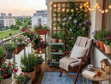 Przytulnie urządzony nowoczesny balkon w bloku z mnóstwem zielonych roślin, drewnianymi meblami, poduszkami i girlandami świetlnymi po zmroku.