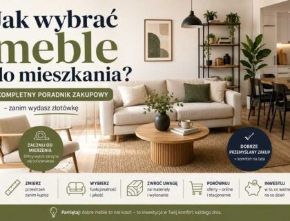 Nowoczesna grafika okładkowa o wyborze mebli do mieszkania z jasnym salonem w stylu skandynawskim oraz poradami dotyczącymi zakupu wyposażenia wnętrz.