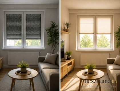 Rolety zewnętrzne czy wewnętrzne — porównanie: po lewej zaciemniony salon z roletą zewnętrzną, po prawej ciepłe światło przenikające przez roletę wewnętrzną